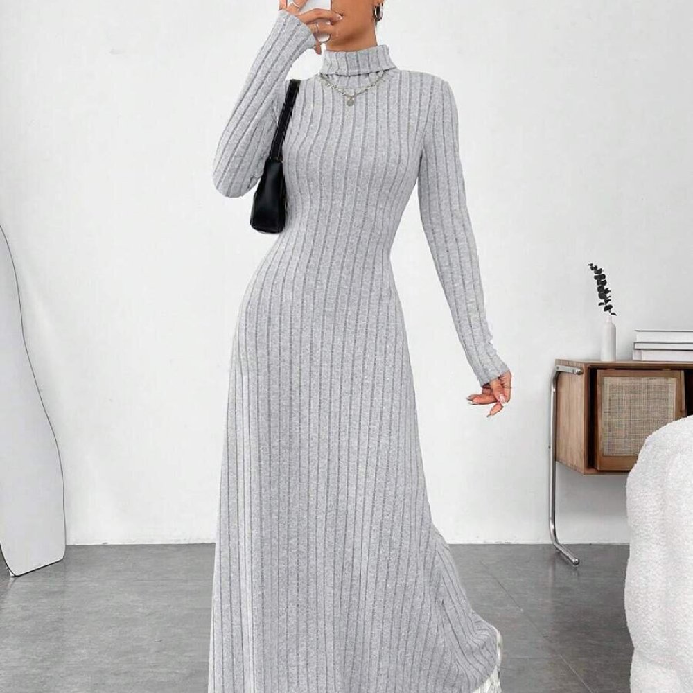 Bodycon Long Sleeve Ribbed Dress - Elegante Abito Autunnale a Collo Alto