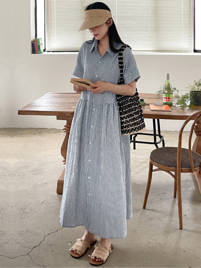 Casual Loose Linen Shirt Dress - Abito chemisier a righe stile coreano