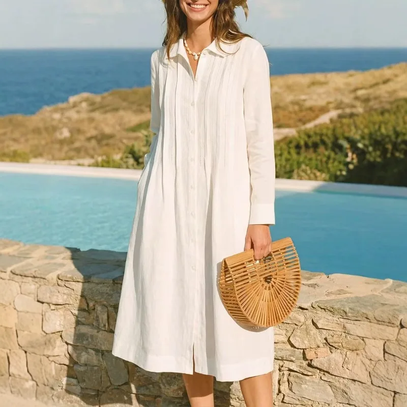 Casual Loose Linen Shirt Dress - Abito Lungo Europeo in Tessuto Solido,