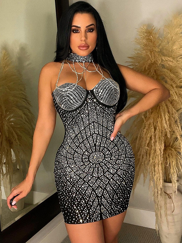 Sparkly Rhinestone Club Party Dress - Doyerl Strass scintillanti Diamanti Abito da