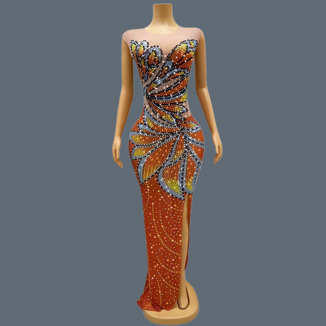 Sparkly Rhinestone Club Party Dress - Abito lungo da donna senza maniche