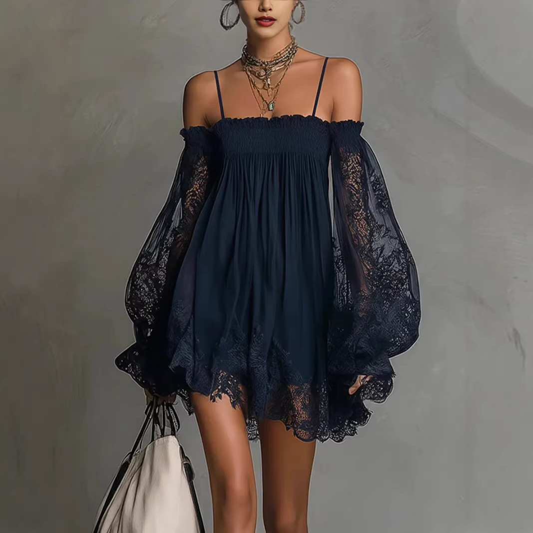 Off Shoulder Puff Sleeve Sundress - Abito Mini in Pizzo con Spalle