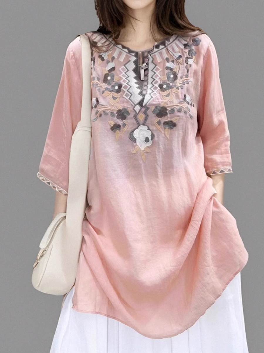 Casual Loose Linen Shirt Dress - Elegante Abito Camicia in Lino Ricamato
