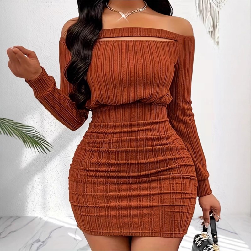 Bodycon Long Sleeve Ribbed Dress - Abito da donna alla moda primavera
