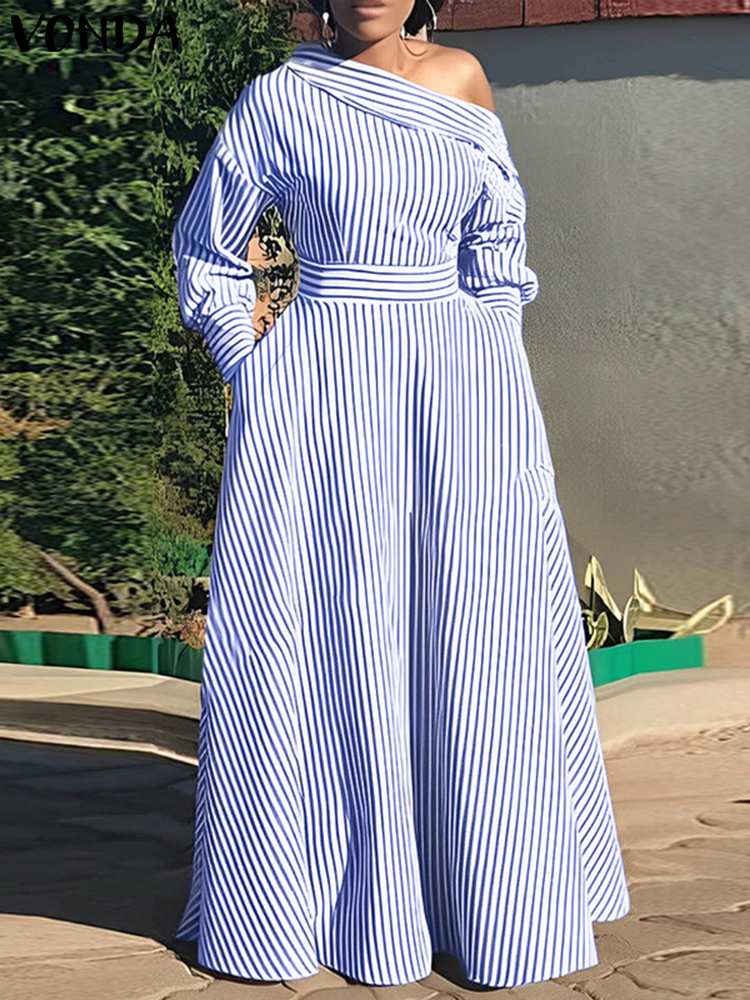 Off Shoulder Puff Sleeve Sundress - VONDA 2024 abito lungo a righe