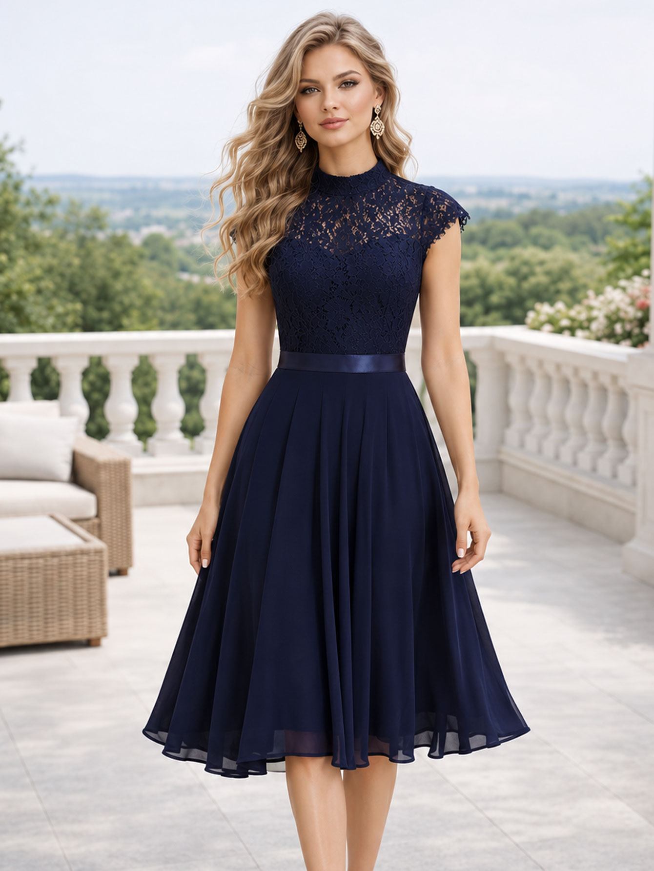 French Vintage Floral Midi Dress - Abito da Donna Formale per Matrimoni