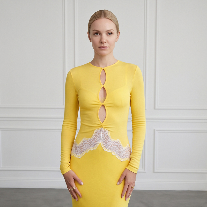 Bodycon Long Sleeve Ribbed Dress - Abito lungo da donna giallo in