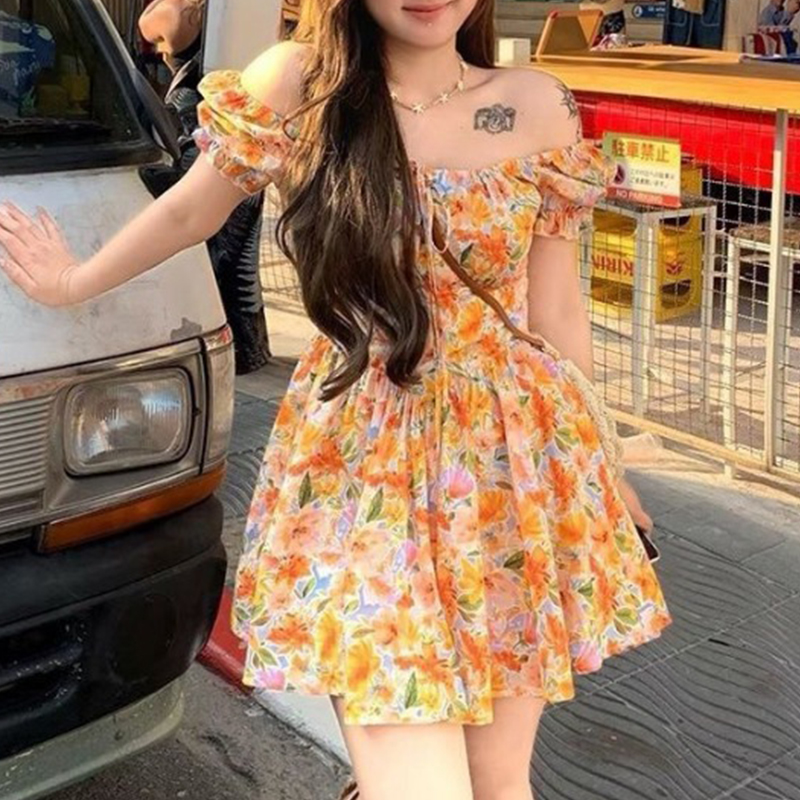 Off Shoulder Puff Sleeve Sundress - Mini abito da donna con stampa