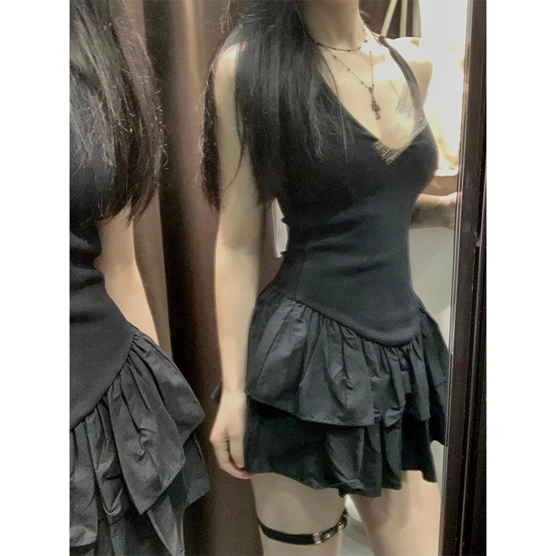 Y2K Backless Halter Mini Dress - MEXZT Y2K Mini Abito Nero Donna