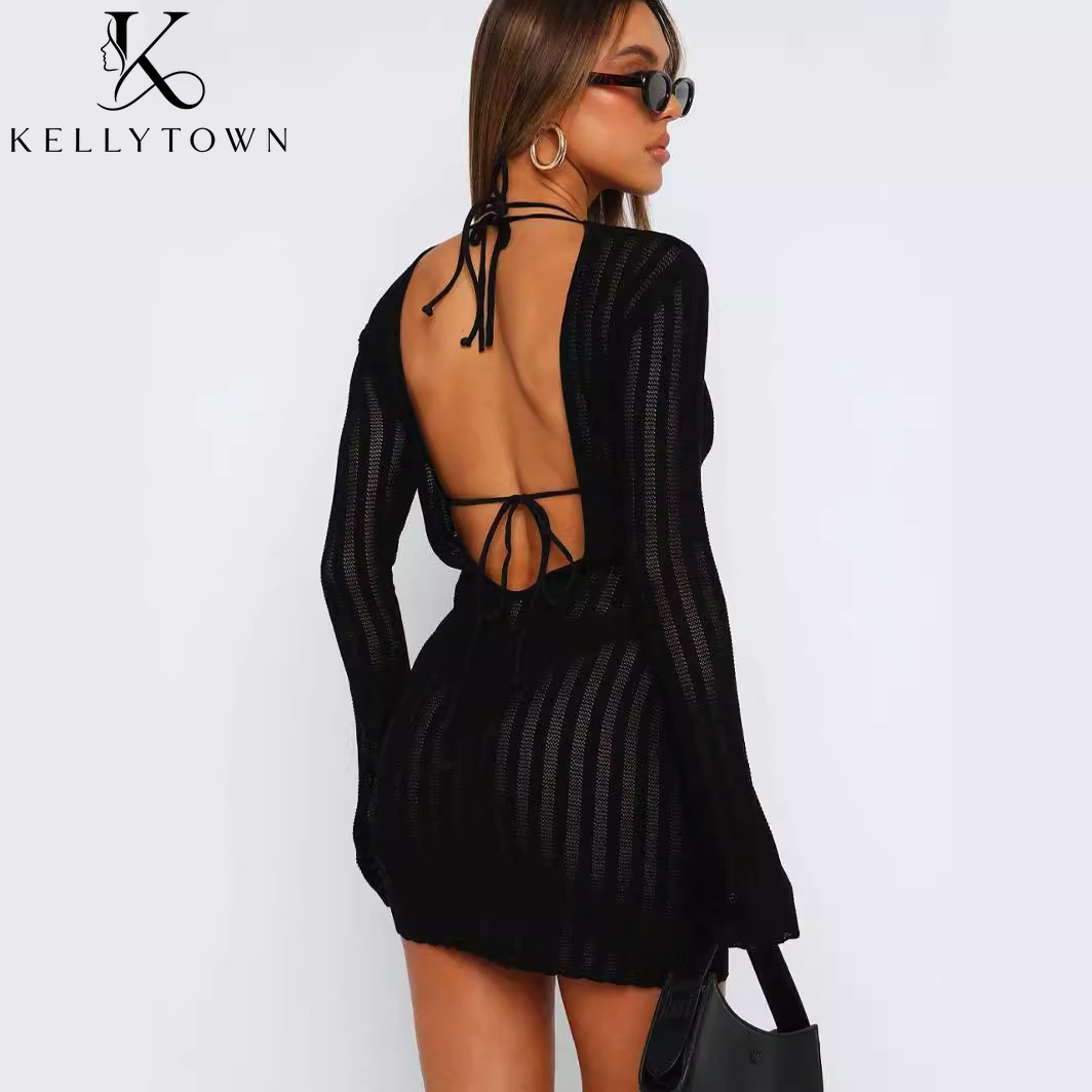 Bodycon Long Sleeve Ribbed Dress - Abito senza schienale sexy in maglia