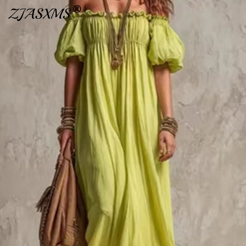 Off Shoulder Puff Sleeve Sundress - Abito lungo estivo da donna con