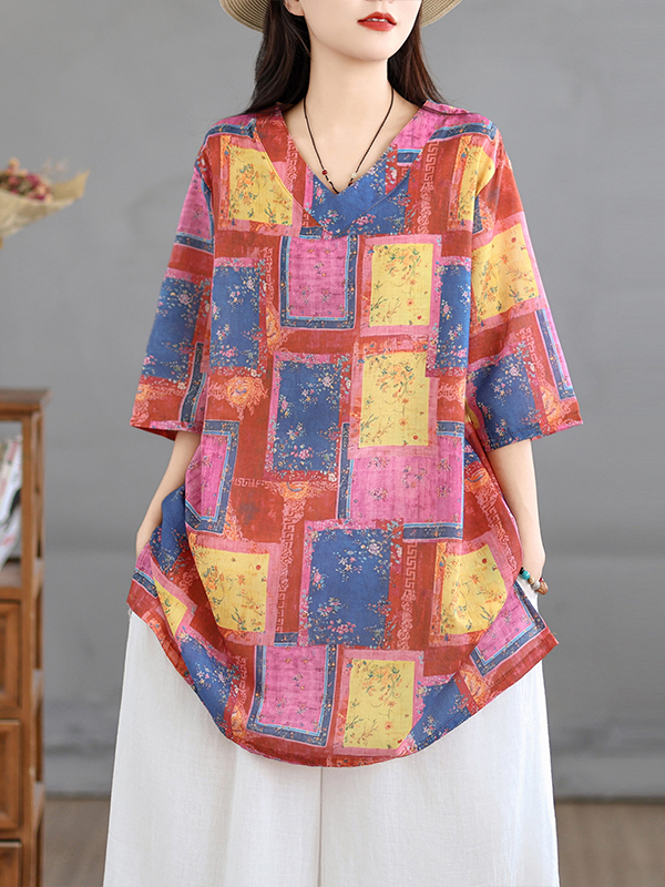 Casual Loose Linen Shirt Dress - Top Casual in Lino Stampato, Stile