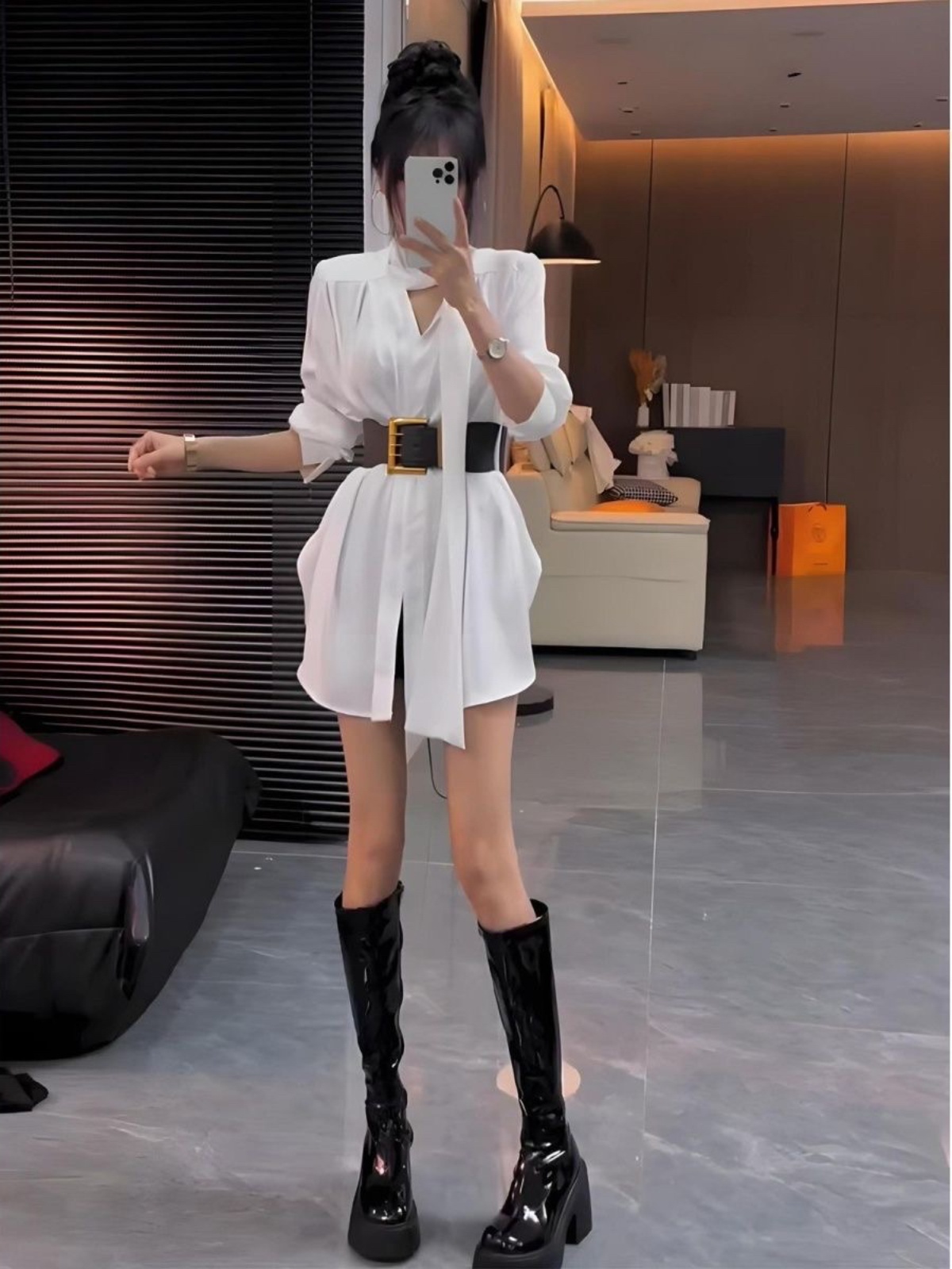 Korean Style A Line Shirt Dress - Abito chemisier in seta bianca da