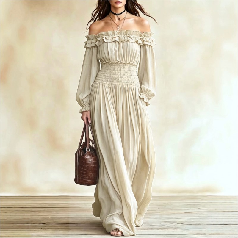 Off Shoulder Puff Sleeve Sundress - Abito lungo da donna con spalle