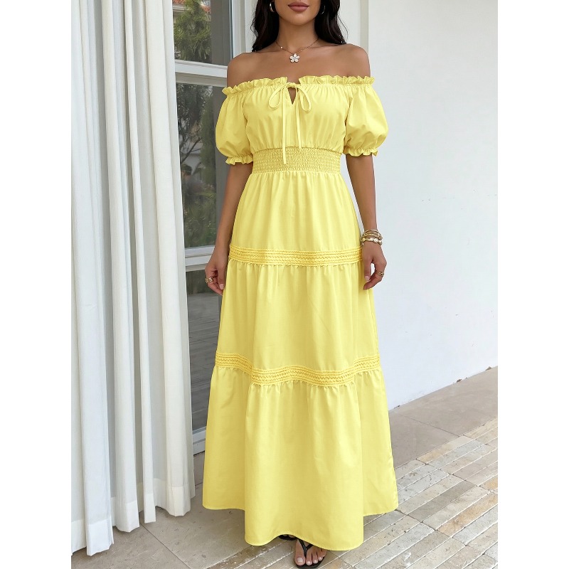 Off Shoulder Puff Sleeve Sundress - Abito lungo estivo da donna giallo