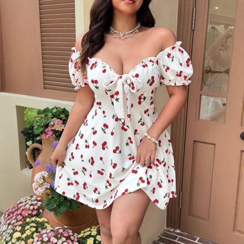 Off Shoulder Puff Sleeve Sundress - Abito Estivo da Donna con Stampa
