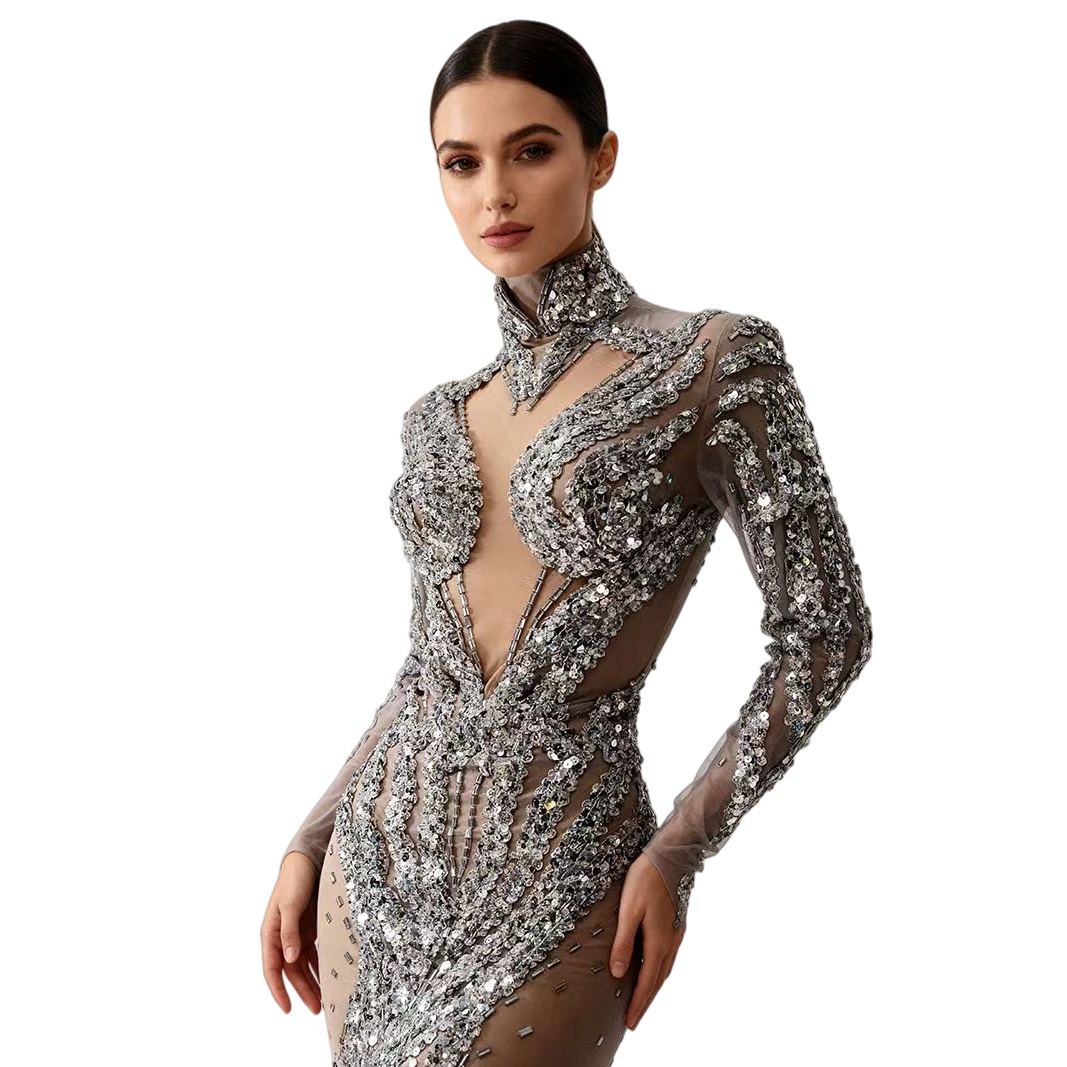 Sparkly Rhinestone Club Party Dress - Paillettes scintillanti argento trasparenti Mini abito