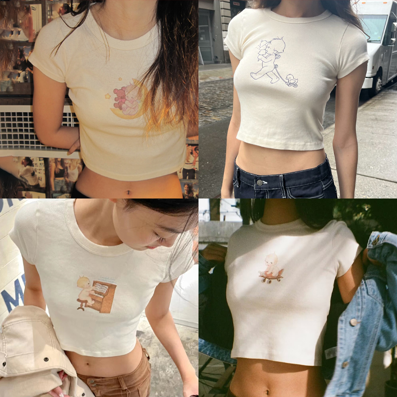 Y2K Graphic Baby Tee Crop - Angel Baby Graphic Slim T-Shirt donna