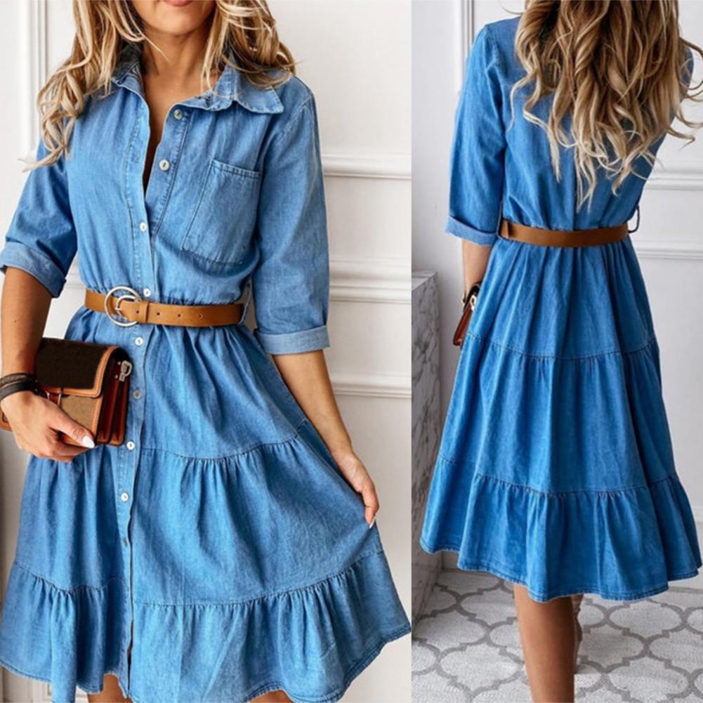 French Vintage Floral Midi Dress - Abito in Denim con Maniche a