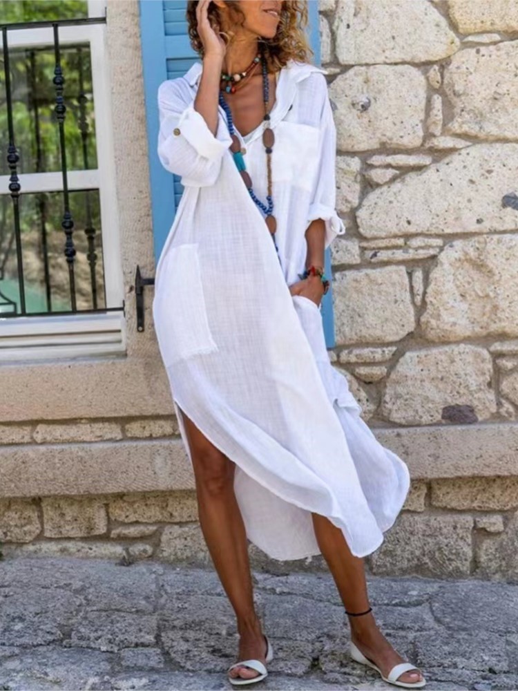 Casual Loose Linen Shirt Dress - Abito camicia da donna bianco Abito