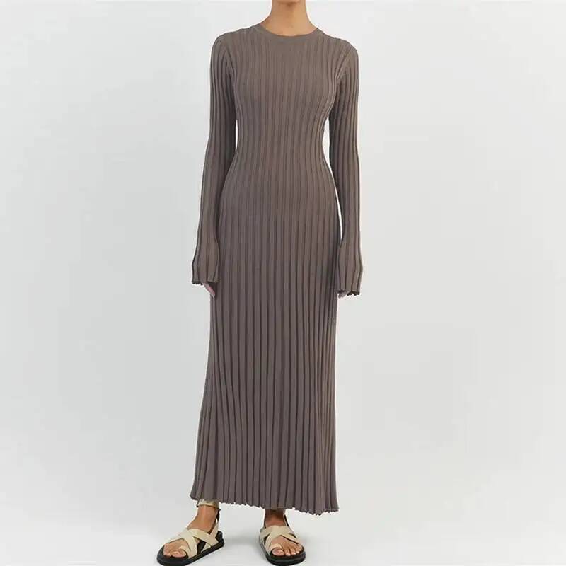 Bodycon Long Sleeve Ribbed Dress - Abito lungo da donna elegante in