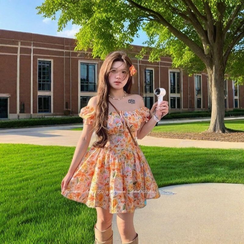 Off Shoulder Puff Sleeve Sundress - Vestito Mini Floreale Arancione con Spalle