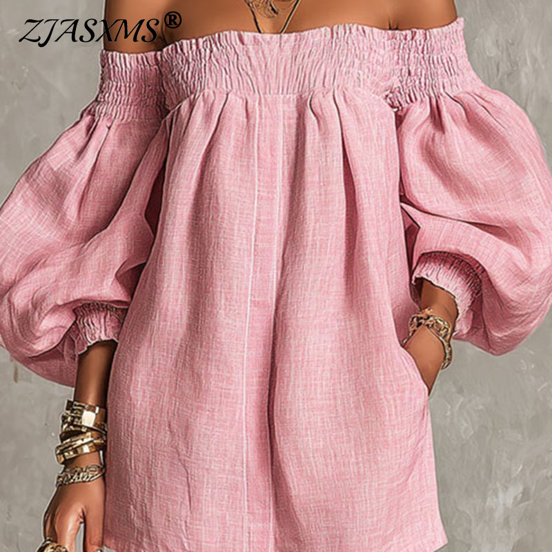 Abito da donna tinta unita con - Off Shoulder Puff Sleeve Sundress recensione e prezzo