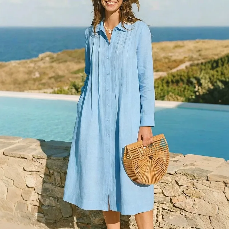 Abito Lungo Europeo in Tessuto - Casual Loose Linen Shirt Dress recensione e prezzo