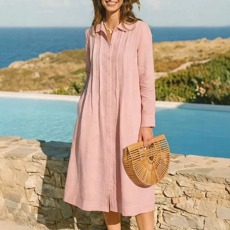 Abito Lungo Europeo in Tessuto - Casual Loose Linen Shirt Dress recensione e prezzo