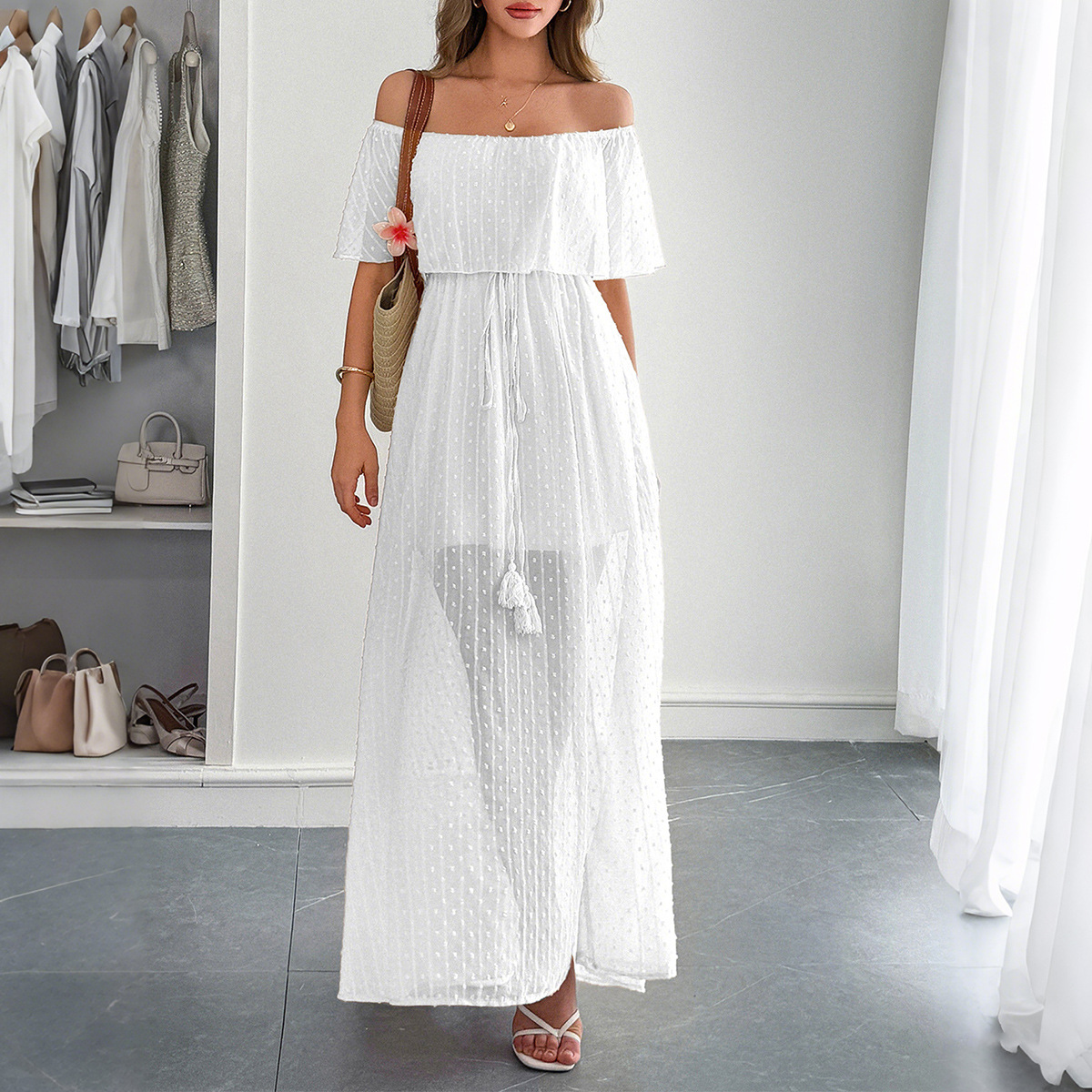 Elegante Abito Lungo Estivo da - Off Shoulder Puff Sleeve Sundress recensione e prezzo