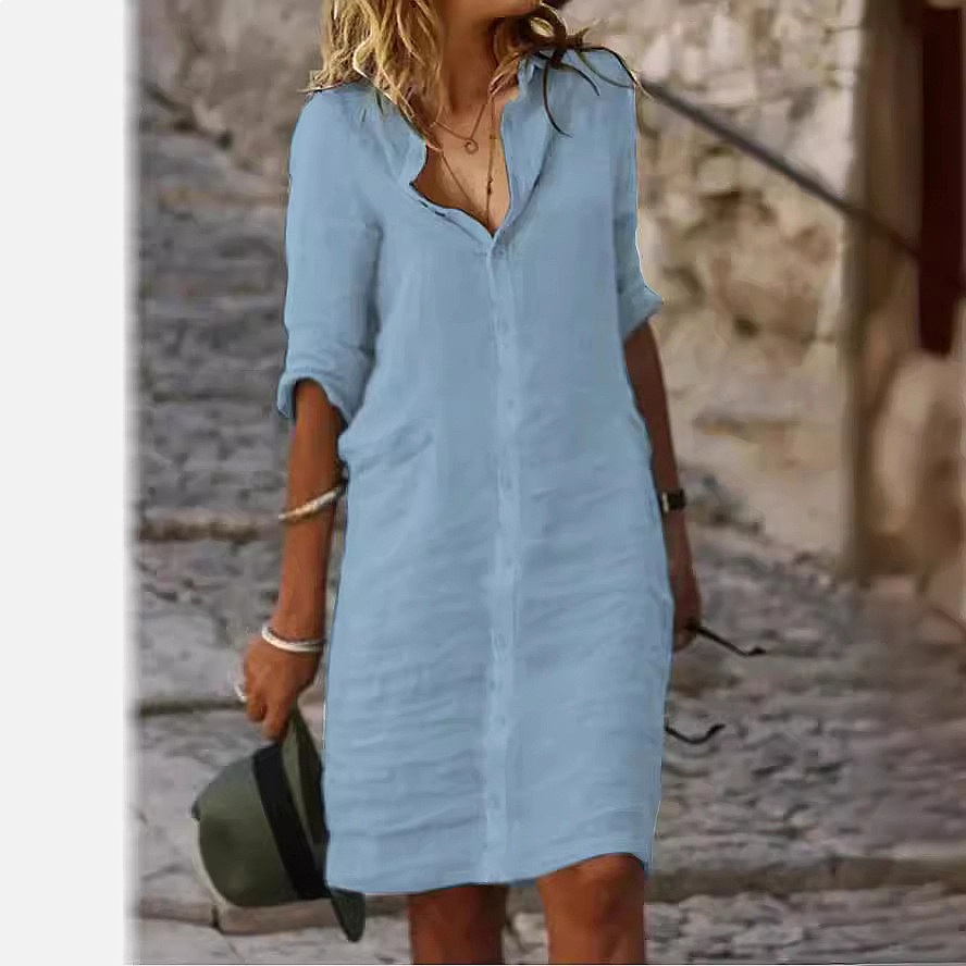 Abito Camicia Midi a Vestibili - Casual Loose Linen Shirt Dress recensione e prezzo