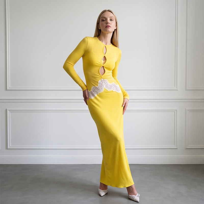 Abito lungo da donna giallo in - Bodycon Long Sleeve Ribbed Dress recensione e prezzo