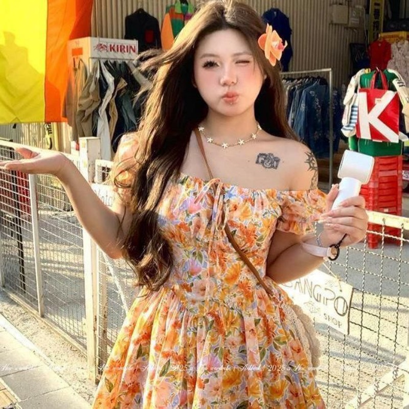 Mini abito da donna con stampa - Off Shoulder Puff Sleeve Sundress recensione e prezzo