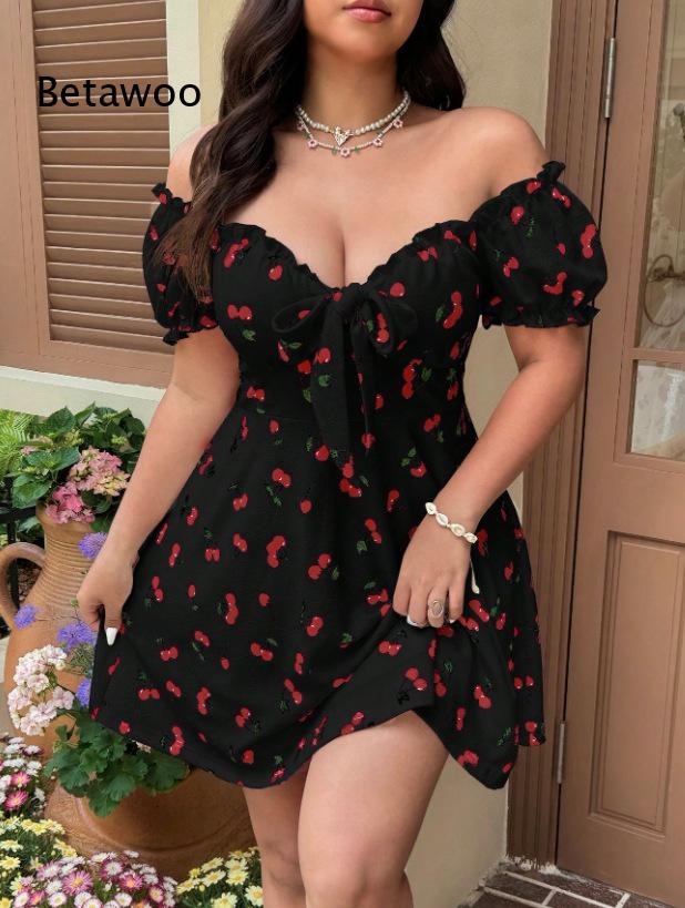 Mini abito da donna con stampa - Off Shoulder Puff Sleeve Sundress recensione e prezzo