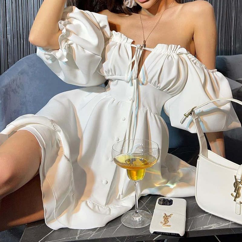 Miniabito estivo da donna con  - Off Shoulder Puff Sleeve Sundress recensione e prezzo