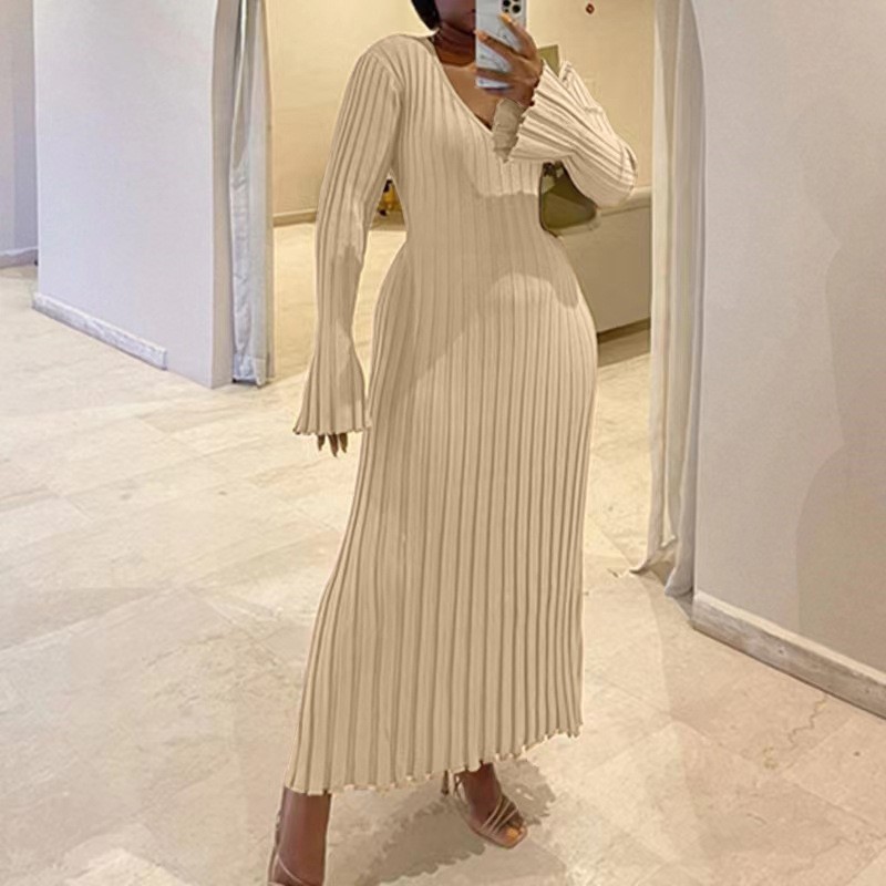 Gonna in maglia con scollo a V - Bodycon Long Sleeve Ribbed Dress recensione e prezzo